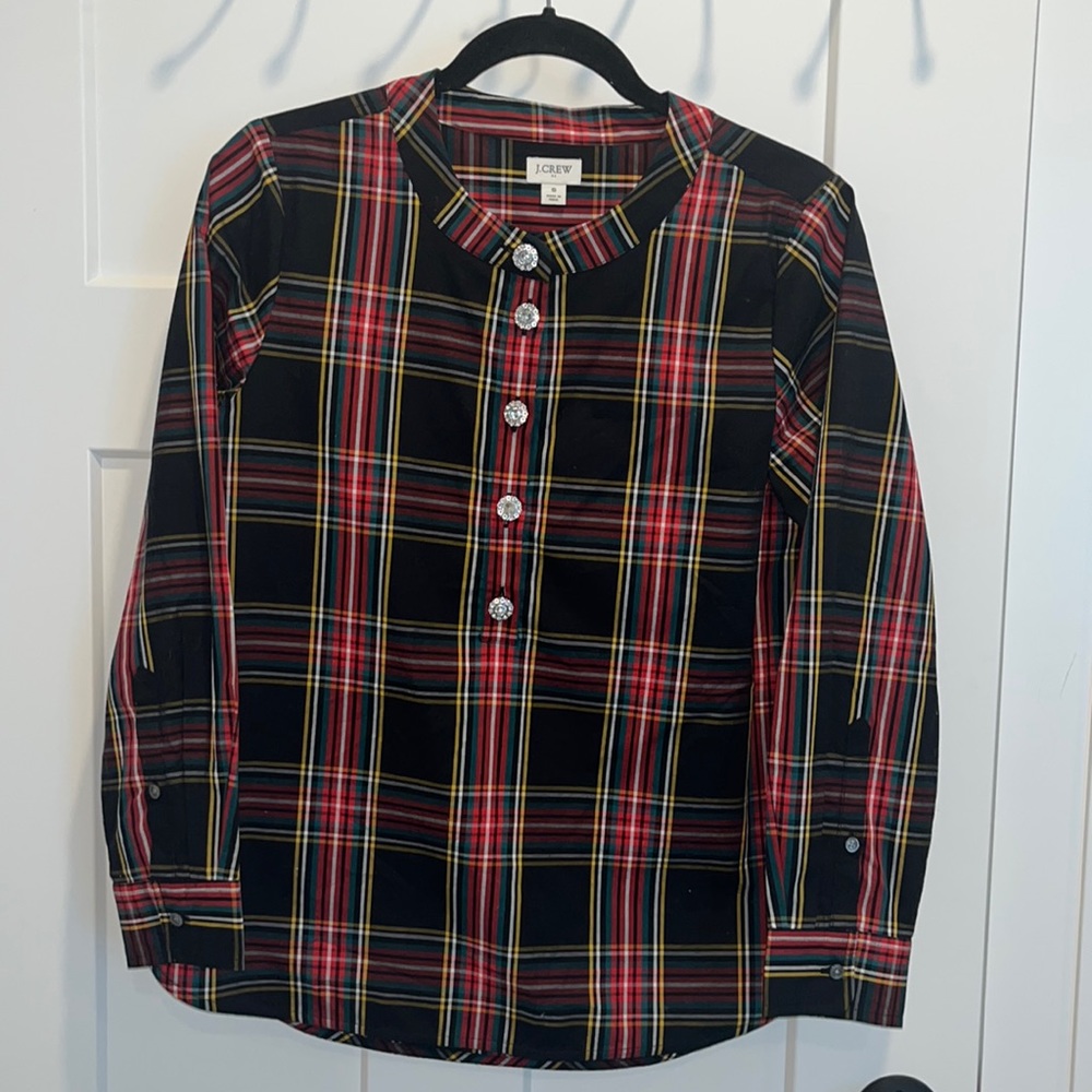 JCREW Plaid Blouse with Rhinestone Buttons
